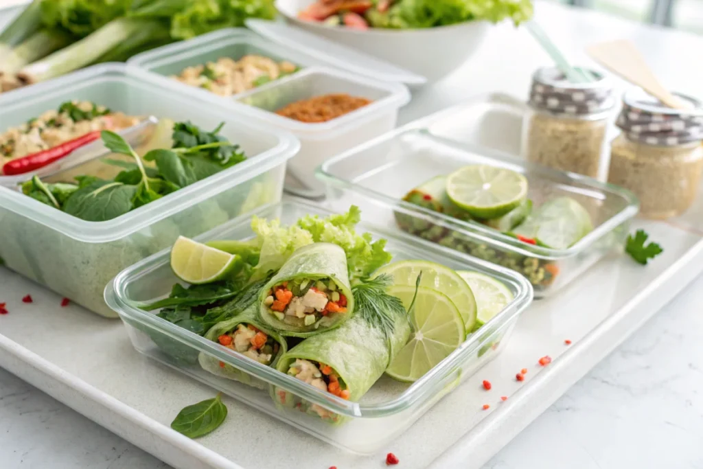 Lettuce wraps stored in meal prep containers with lime wedges and herbs on a white kitchen counter.