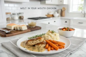 A plate of Melt in Your Mouth Chicken with honey-glazed carrots and creamy mashed potatoes on a white plate in a modern white kitchen.