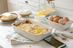 A baking dish filled with crumble topping as melted butter is being poured over it, surrounded by baking ingredients like eggs, butter, and flour in a bright kitchen setting