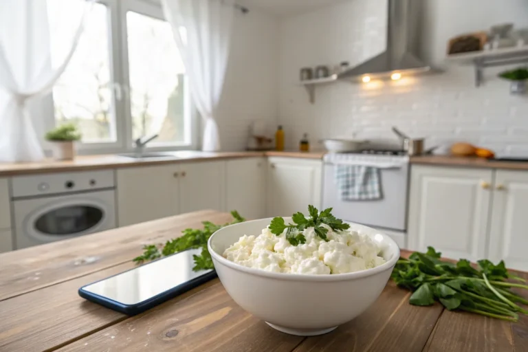 A bowl of creamy cottage cheese garnished with fresh herbs, captured in a white kitchen setting from a phone perspective.