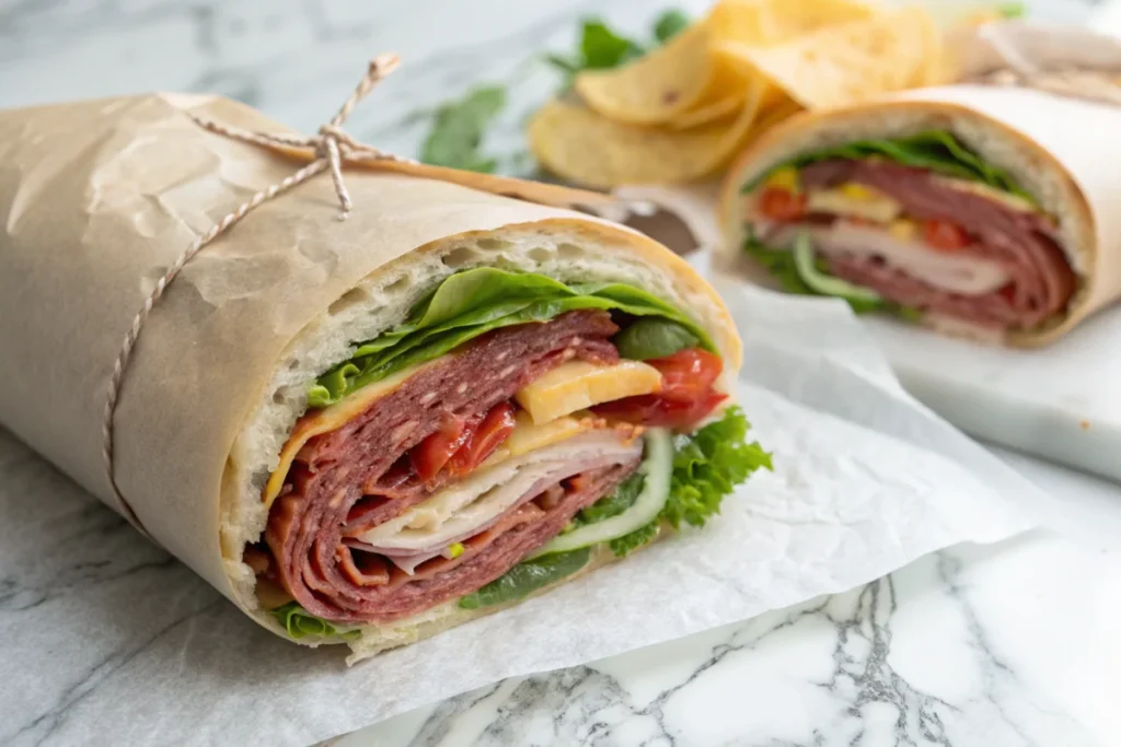 A close-up view of a lettuce-wrapped Italian sub with layers of deli meat, cheese, and vegetables, partially wrapped in parchment paper in a white kitchen.