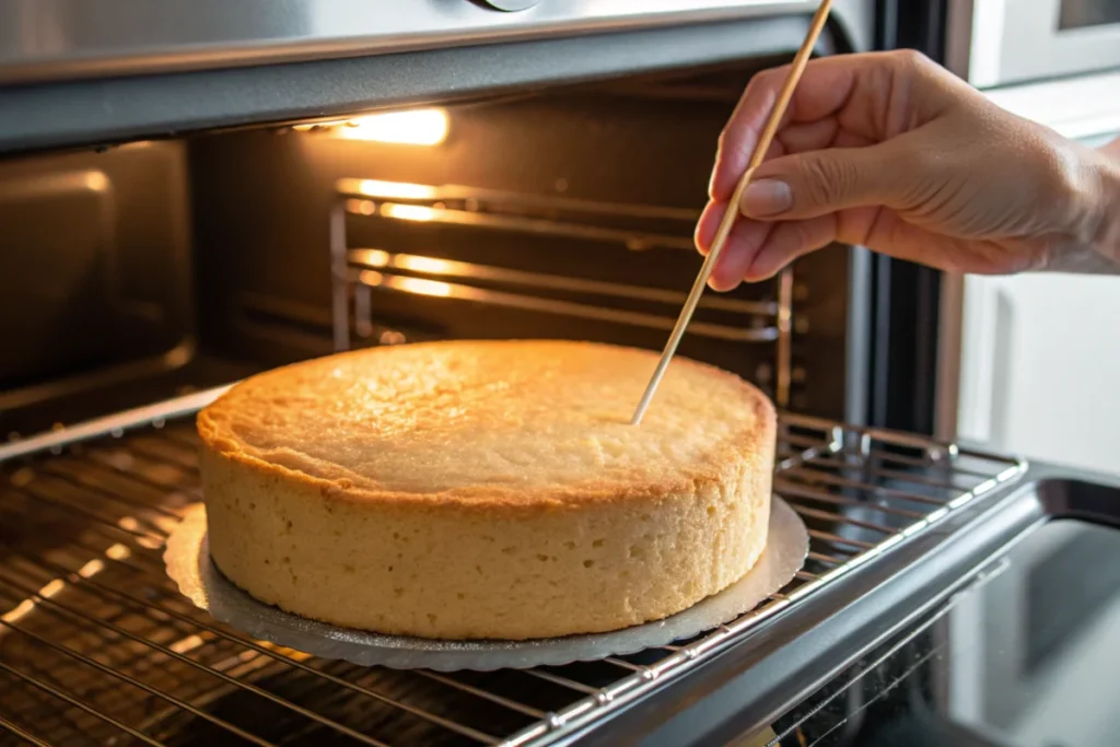 A close-up of a toothpick being inserted into the center of a cake in an oven to test doneness.