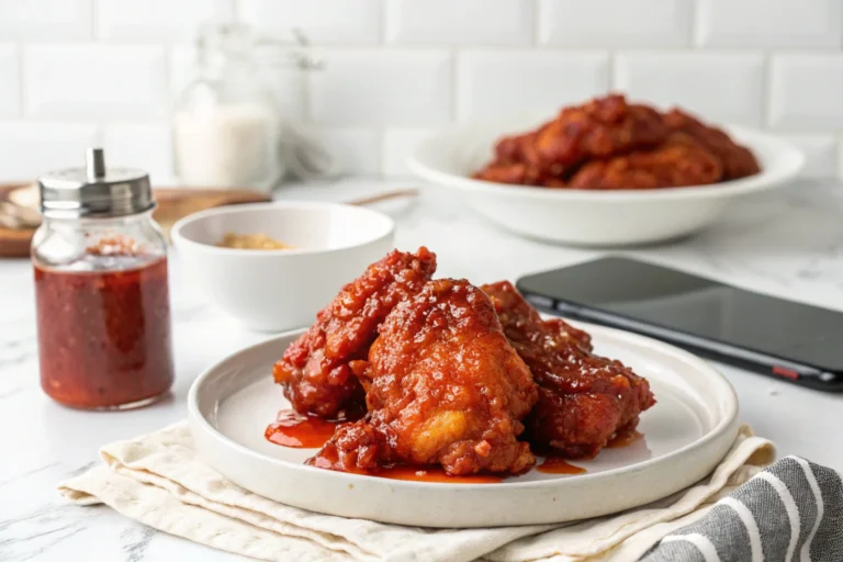 A white plate topped with crispy chicken wings coated in a thick, red chili glaze, accompanied by a small bowl of sauce in the background.