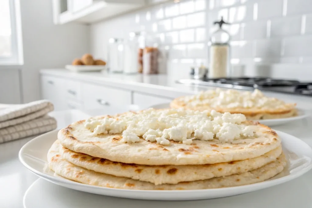 A freshly made cottage cheese flatbread on a white plate, photographed in a bright, modern white kitchen with natural light.