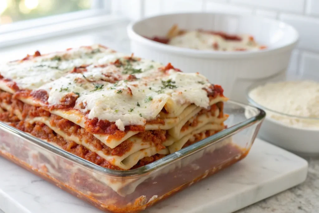 A creamy lasagna with cottage cheese, melted mozzarella, and rich tomato sauce in a white kitchen.