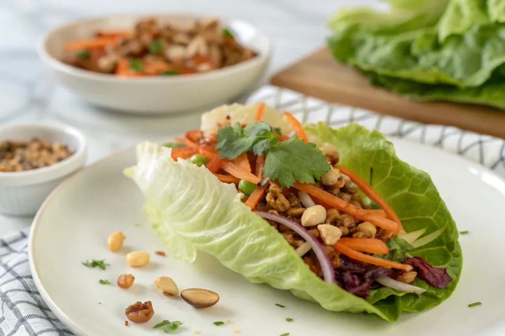 A detailed view of a lettuce wrap topped with shredded carrots, nuts, and fresh herbs on a white kitchen counter.