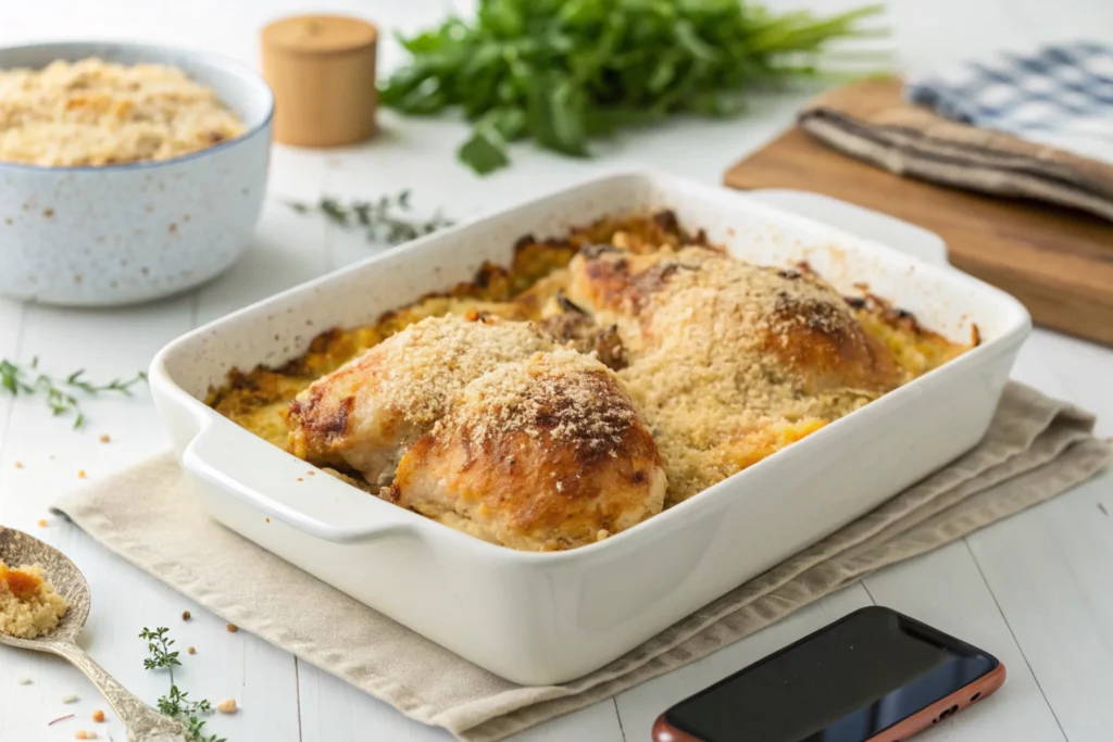 A white ceramic baking dish filled with breaded, baked chicken thighs resting on a bed of savory stuffing. Surrounding the dish are fresh herbs and a small bowl of extra breadcrumbs.