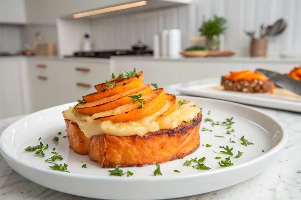 A close-up shot of a sweet potato pav with golden-brown slices of roasted sweet potatoes, garnished with fresh herbs on a white plate.