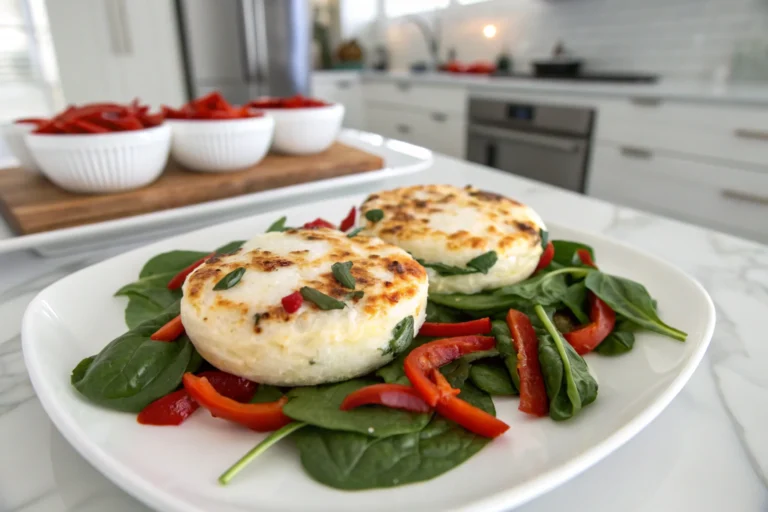 A beautifully styled breakfast plate featuring spinach and red pepper egg white bites, sliced avocado, cherry tomatoes, and carrot sticks, accompanied by bread and coffee on a wooden cutting board.