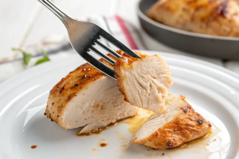 A close-up of a fork lifting a tender slice of golden-brown, cooked chicken breast from a white plate, highlighting its moist texture and lightly seasoned exterior.