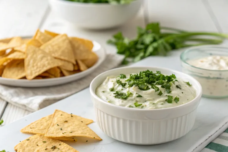 A smooth cottage cheese dip garnished with herbs and served with tortilla chips in a modern white kitchen.