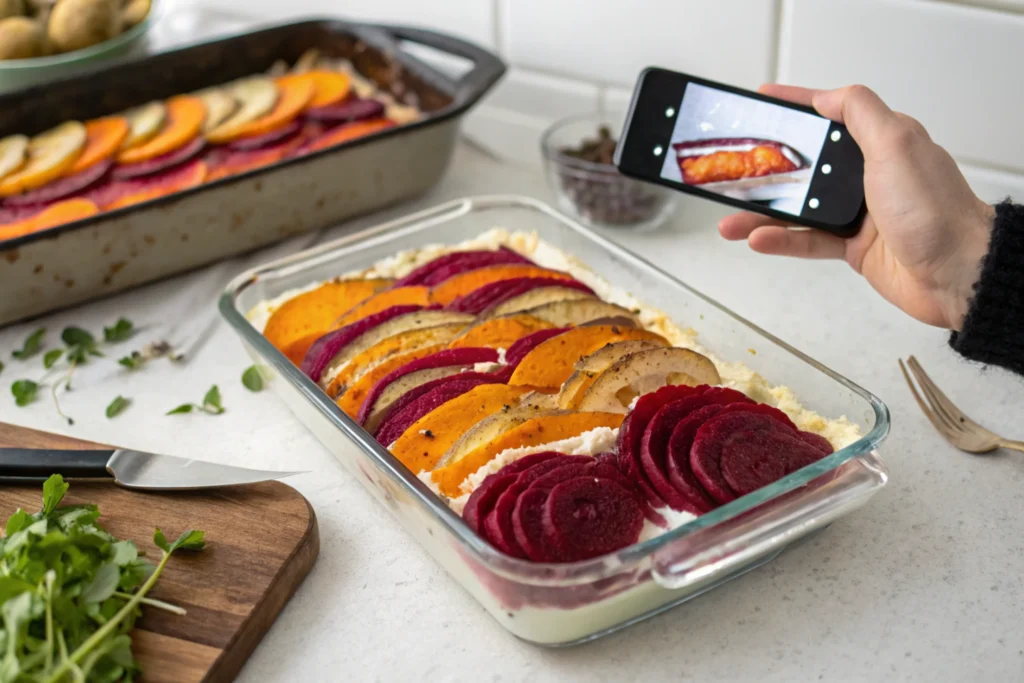 A rectangular glass dish arranged with colorful layers of sliced sweet potatoes, beets, and regular potatoes, topped with cheese or cream. In the background, someone is taking a photo of the dish with a smartphone.