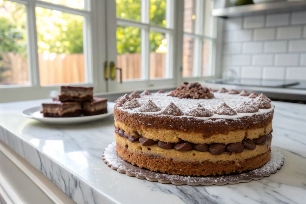 A round, double-layer vanilla and chocolate sponge cake with a rich chocolate cream filling, dusted generously with powdered sugar. In the background, a plate of chocolate dessert bars rests on a marble countertop in a bright kitchen with large windows.