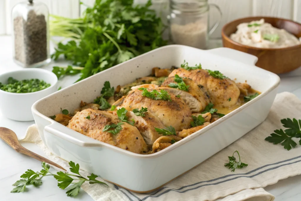 A large white baking dish filled with melt in your mouth chicken, garnished with parsley, on a white kitchen island.