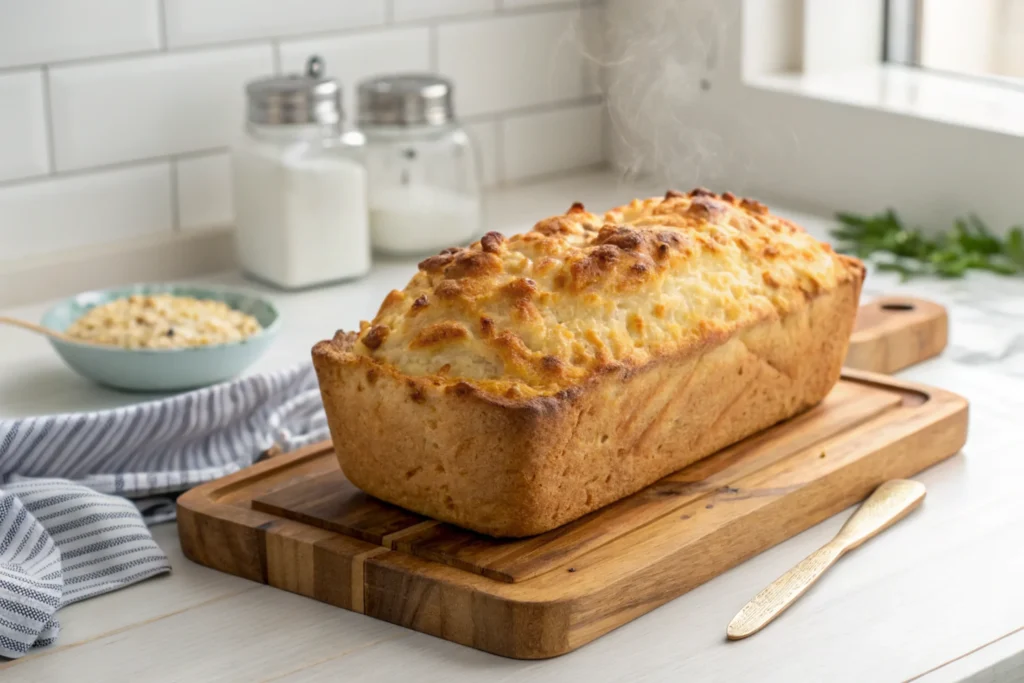 A steaming loaf of golden-brown potato bread resting on a wooden cutting board, with a bowl of dry ingredients and sugar canisters in the background.