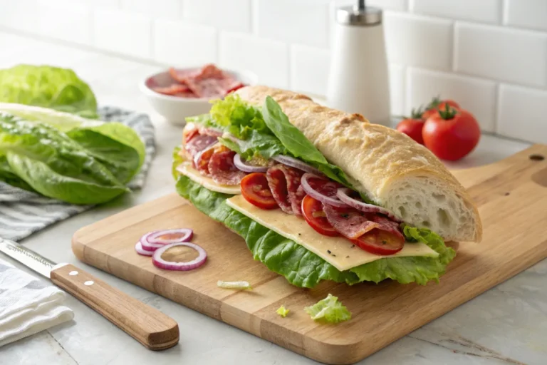 A vibrant Italian sub lettuce wrap with fresh romaine lettuce, salami, cheese, tomatoes, and onions on a wooden cutting board in a white kitchen.