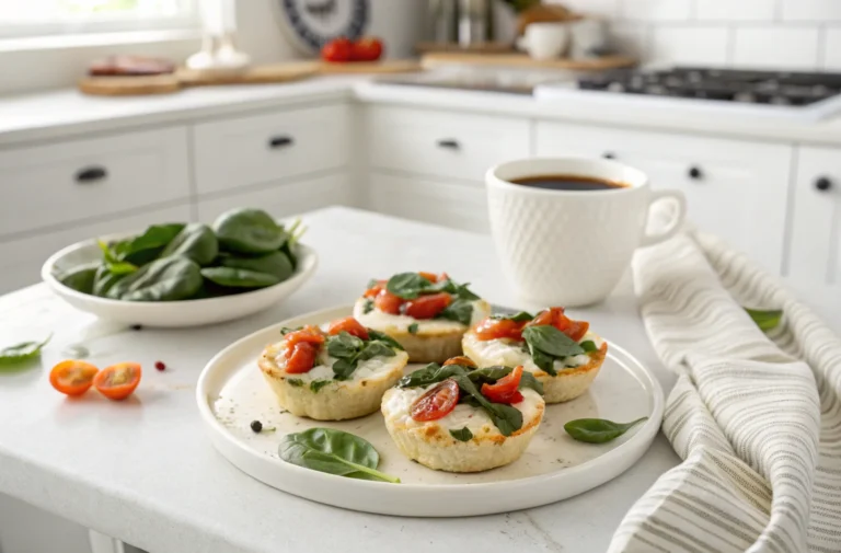 A serving of homemade egg white bites garnished with spinach and tomatoes, plated on a white dish with coffee in a modern kitchen setting.