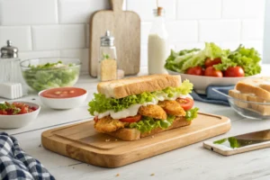 A sandwich with crispy mayonnaise chicken, lettuce, and tomato on a wooden board in a white kitchen.