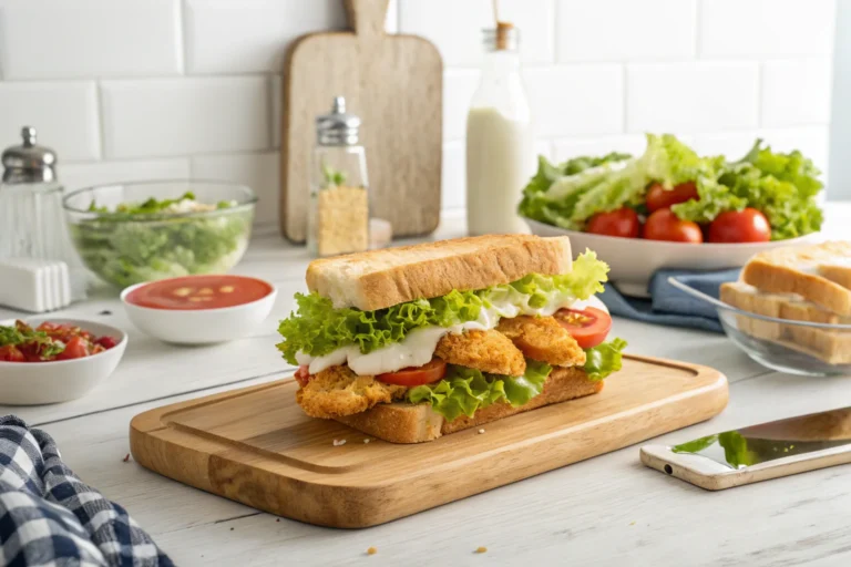 A sandwich with crispy mayonnaise chicken, lettuce, and tomato on a wooden board in a white kitchen.