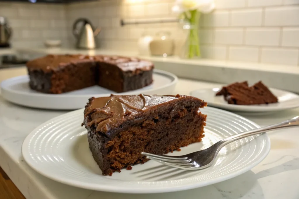 A moist slice of chocolate cake served on a white plate with a fork, placed on a clean kitchen countertop.