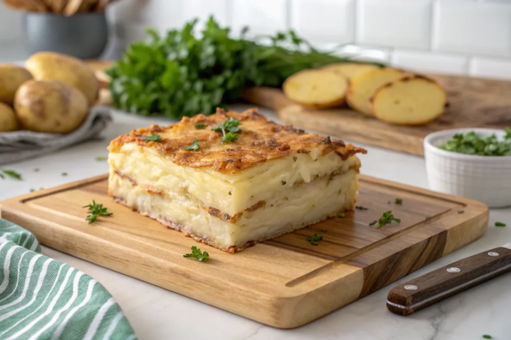 A square slice of potato gratin with golden, crispy layers resting on a wooden cutting board, garnished with fresh thyme. Whole potatoes and a bunch of parsley are placed in the background.