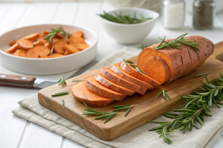 Neatly sliced portion of sweet potato pav, garnished with a sprinkle of fresh herbs, placed on a white plate.