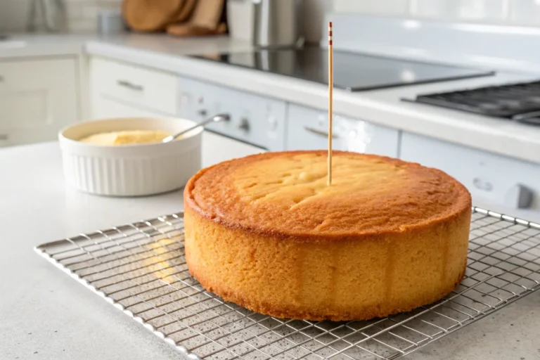 A golden-brown cake being tested with a toothpick in a modern white kitchen for doneness.