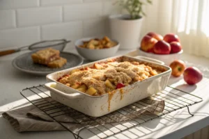 A ceramic baking dish filled with warm apple crisp topped with a golden crumbly layer, set on a cooling rack in a bright kitchen, with fresh apples and a slice of crisp in the background.