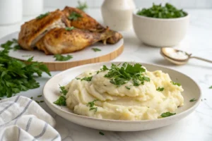 Creamy garlic mashed potatoes paired with baked chicken breast, garnished with parsley, taken in a white kitchen.