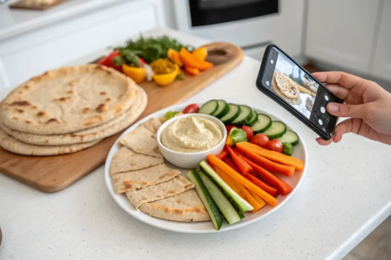 Freshly baked whole-grain flatbread paired with hummus and colorful sliced vegetables on a white kitchen countertop.