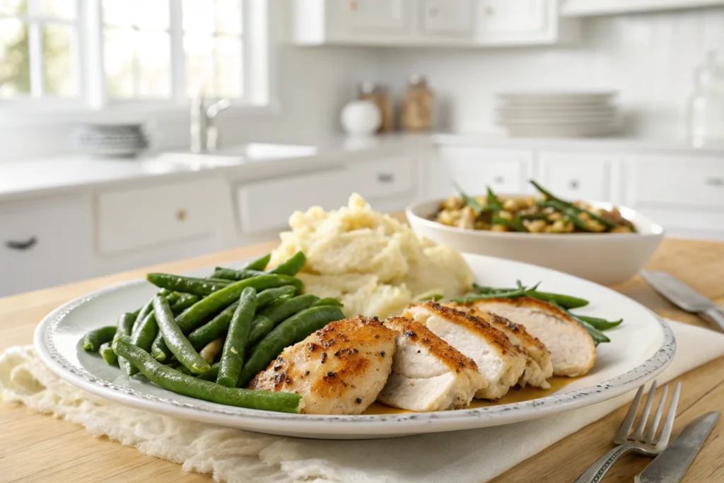 A plate of sliced, pan-seared chicken breast served with fresh green beans and a mound of creamy mashed potatoes, placed on a wooden countertop in a bright, white kitchen setting