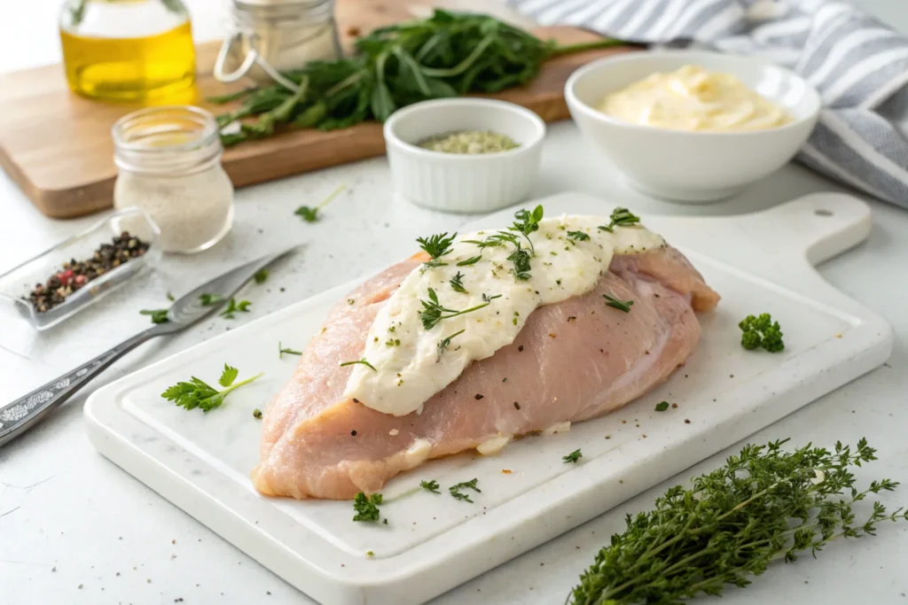 Raw chicken breast coated with mayonnaise and herbs on a cutting board in a white kitchen.