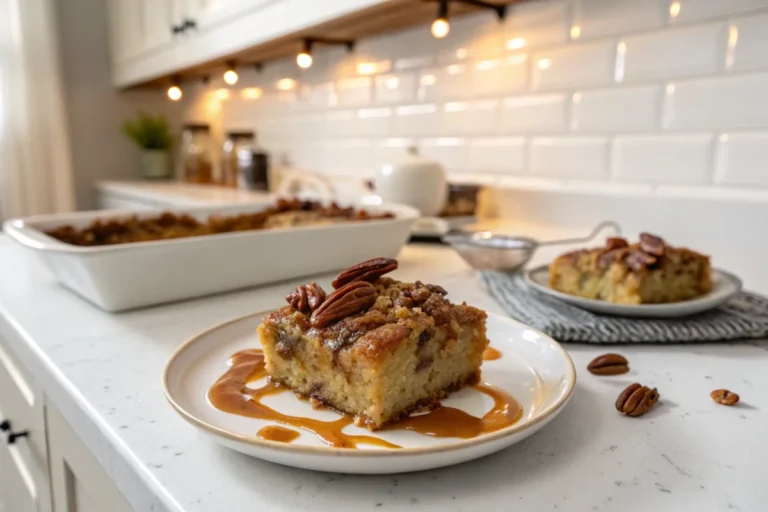 A reheated slice of dump cake garnished with caramel sauce, served on a white plate in a cozy white kitchen.