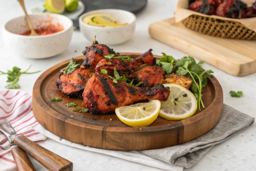 A wooden platter filled with char-grilled chicken drumsticks marinated in a vibrant red tandoori seasoning, garnished with lemon slices and fresh cilantro. In the background, bowls of sauce and additional lemon are visible.