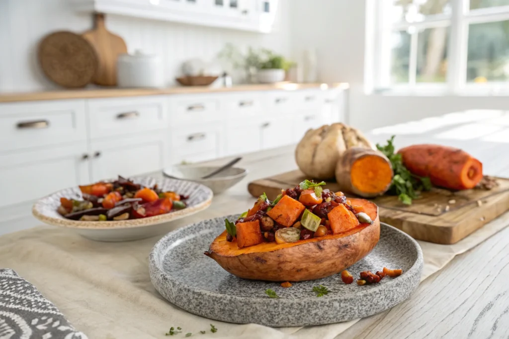  A rustic-style sweet potato pav served as a side dish, featuring roasted sweet potatoes topped with fresh herbs.