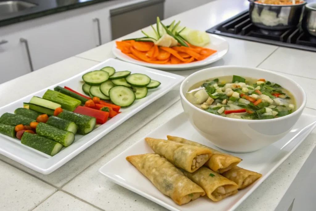 A spread of Asian cucumber salad, wonton soup, and crispy spring rolls alongside lettuce wraps in a white kitchen.