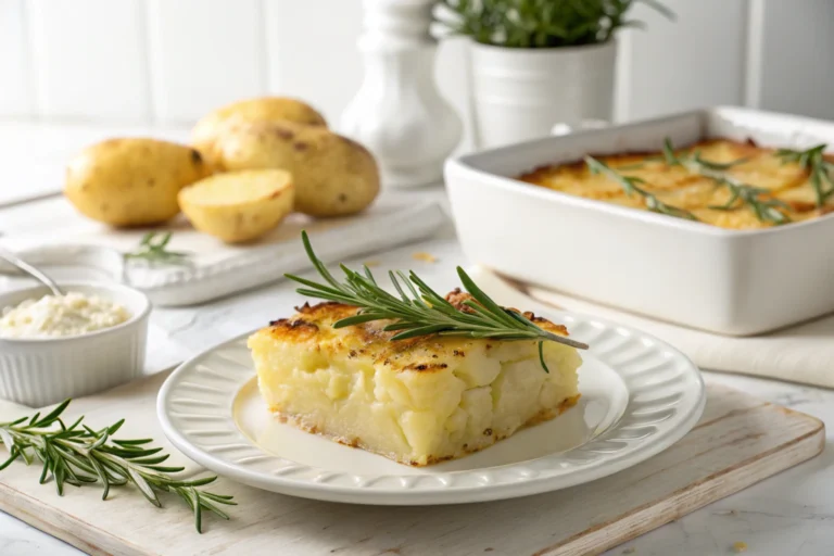 A golden slice of creamy potato bake garnished with a sprig of fresh rosemary on a white plate. In the background, a casserole dish and whole potatoes rest on a bright kitchen countertop