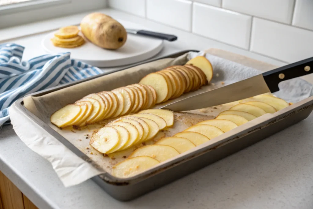 Thin, evenly sliced rounds of potato laid out on a parchment-lined baking sheet, with a knife and remaining potato in the background