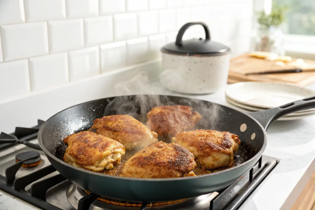 Crispy mayonnaise-coated chicken pieces in an air fryer basket in a white kitchen.