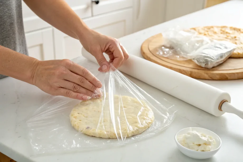 Hands wrapping a cottage cheese flatbread in plastic wrap on a clean white counter in a brightly lit kitchen.