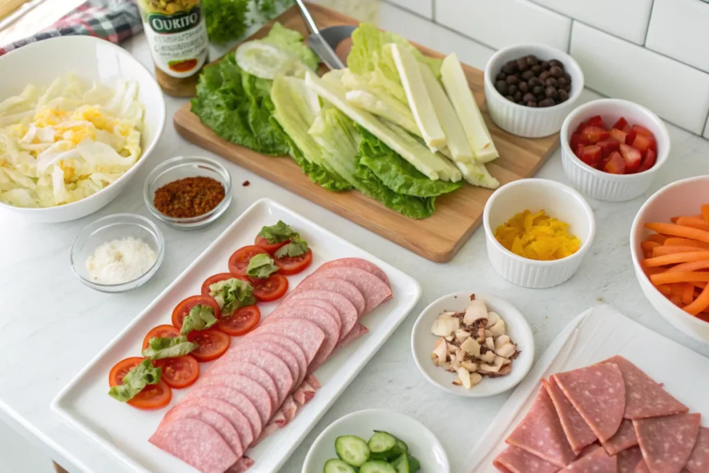 A step-by-step preparation scene of Italian sub lettuce wraps with neatly arranged ingredients like deli meats, veggies, and condiments in a white kitchen.