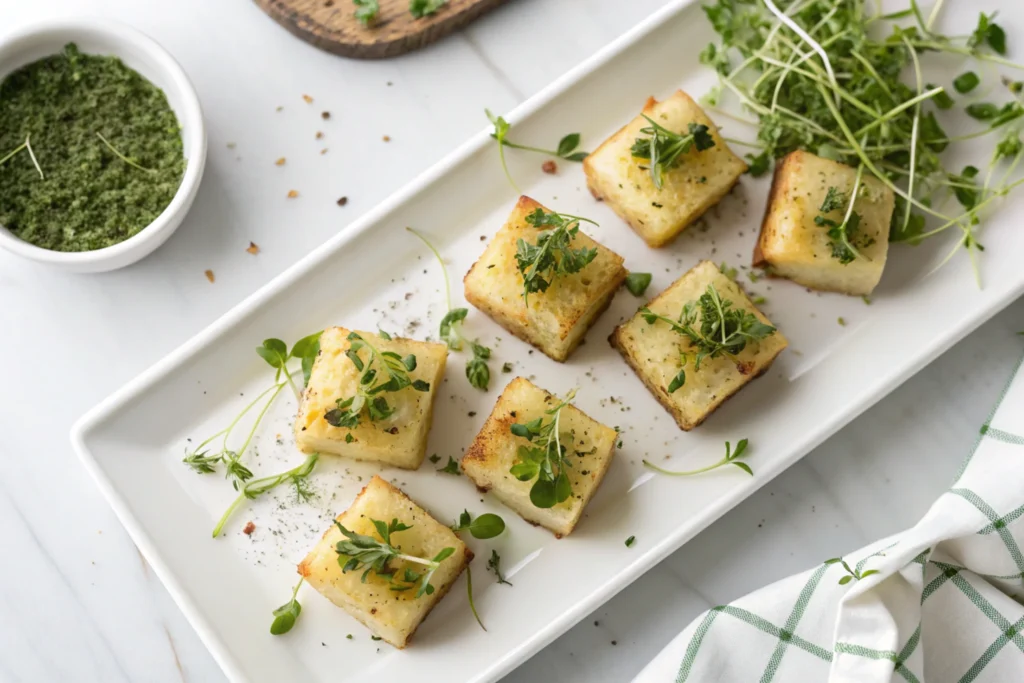 Small, golden-brown potato squares sprinkled with fresh microgreens on a white serving plate, accompanied by a small bowl of herb seasoning.