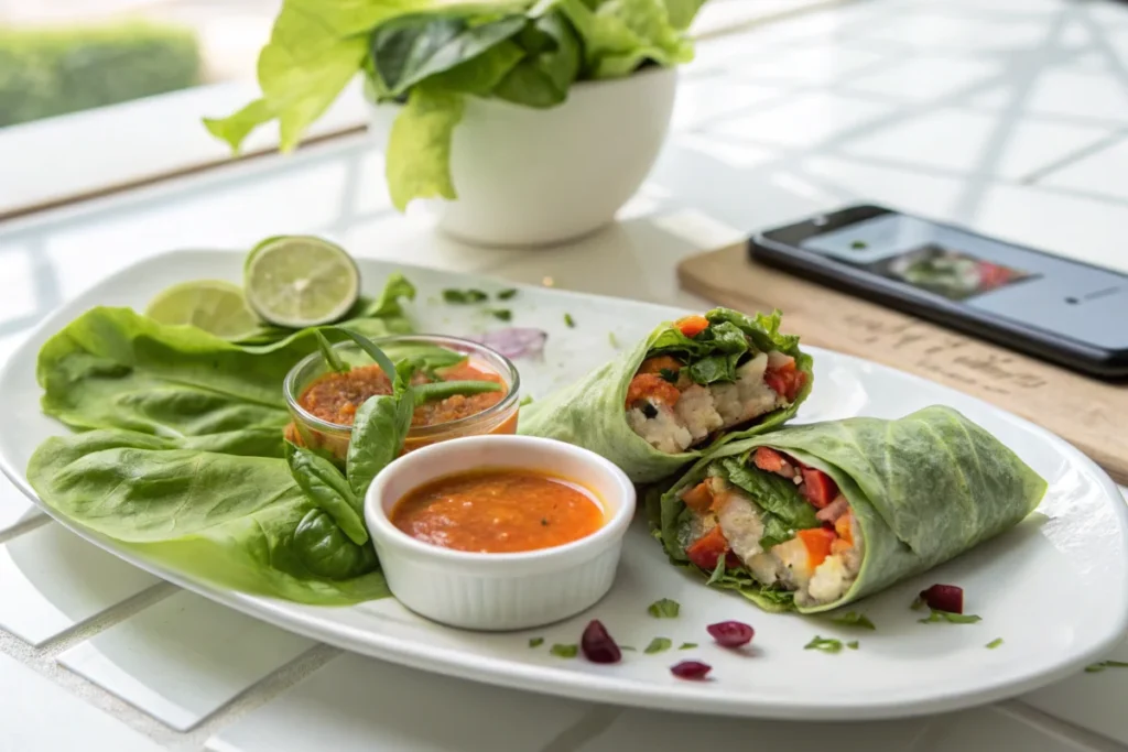 An Italian sub lettuce wrap served with dipping sauce on a white plate, garnished with fresh herbs in a bright white kitchen setting.