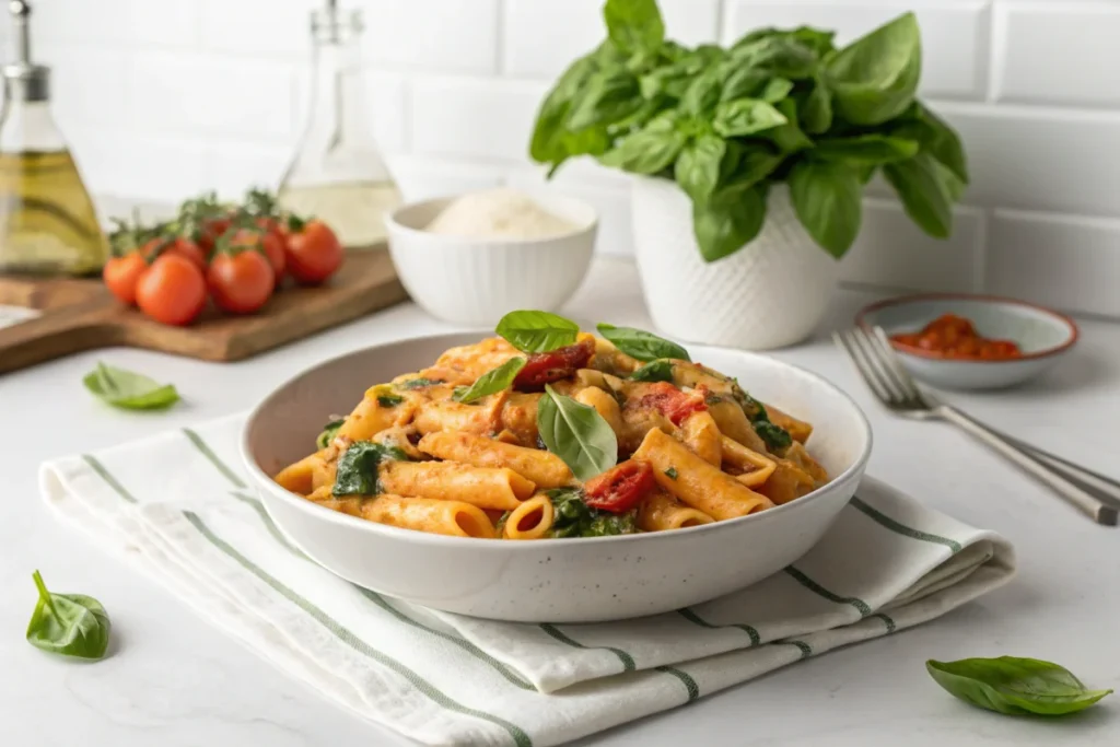 Pasta in a rich, creamy cottage cheese sauce topped with fresh basil leaves in a white kitchen setting.