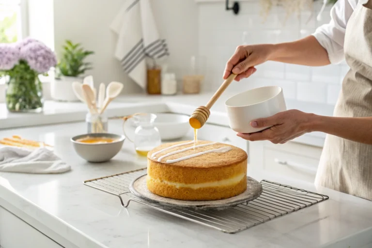 A person’s hand drizzles honey over a two-layer vanilla sponge cake resting on a cooling rack in a bright, modern kitchen.