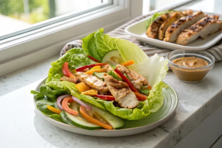 Lettuce wraps with grilled chicken, fresh veggies, and peanut sauce on a white kitchen countertop.