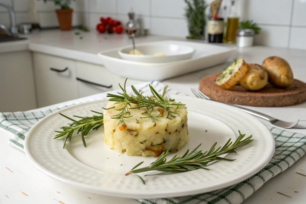 A circular mound of creamy mashed potatoes garnished with sprigs of rosemary, served on a white plate in a modern kitchen setting.