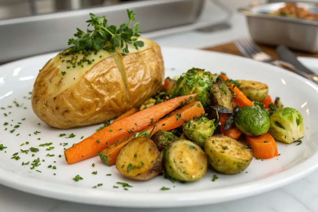 A visually striking potato pav served alongside roasted vegetables and garnished with fresh herbs