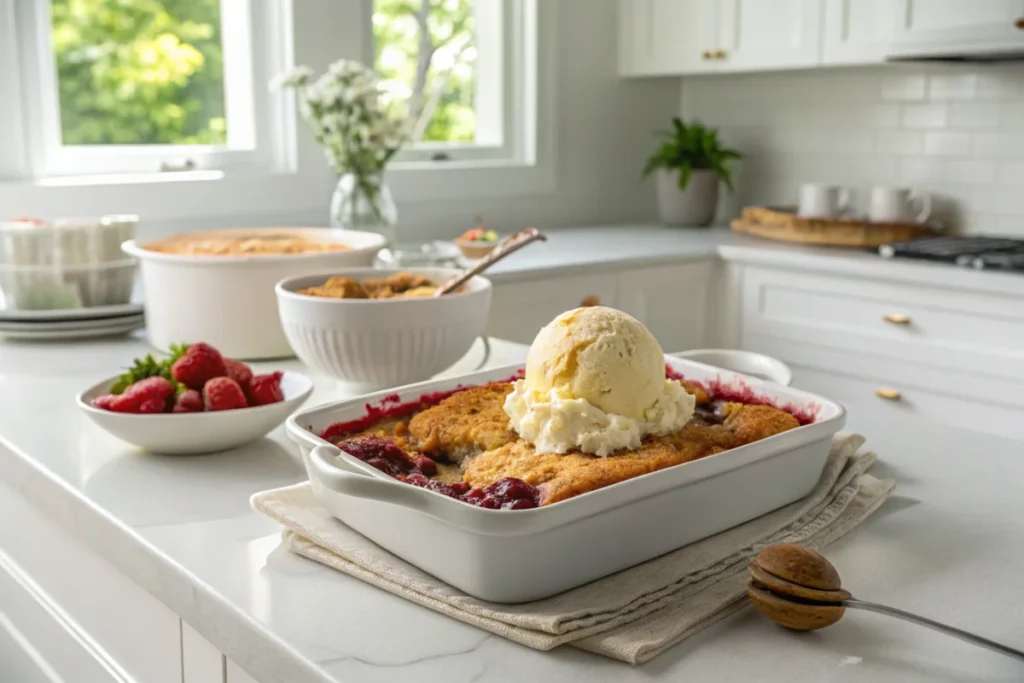 A warm dump cake fresh out of the oven, served with a scoop of melting vanilla ice cream on top, taken in a bright, modern white kitchen with natural light pouring in through the window.