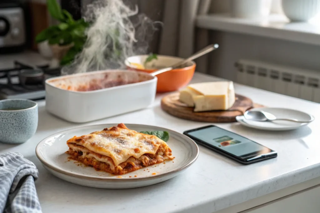 A serving of cottage cheese lasagna on a ceramic plate, steam rising, captured in a clean white kitchen with natural light.